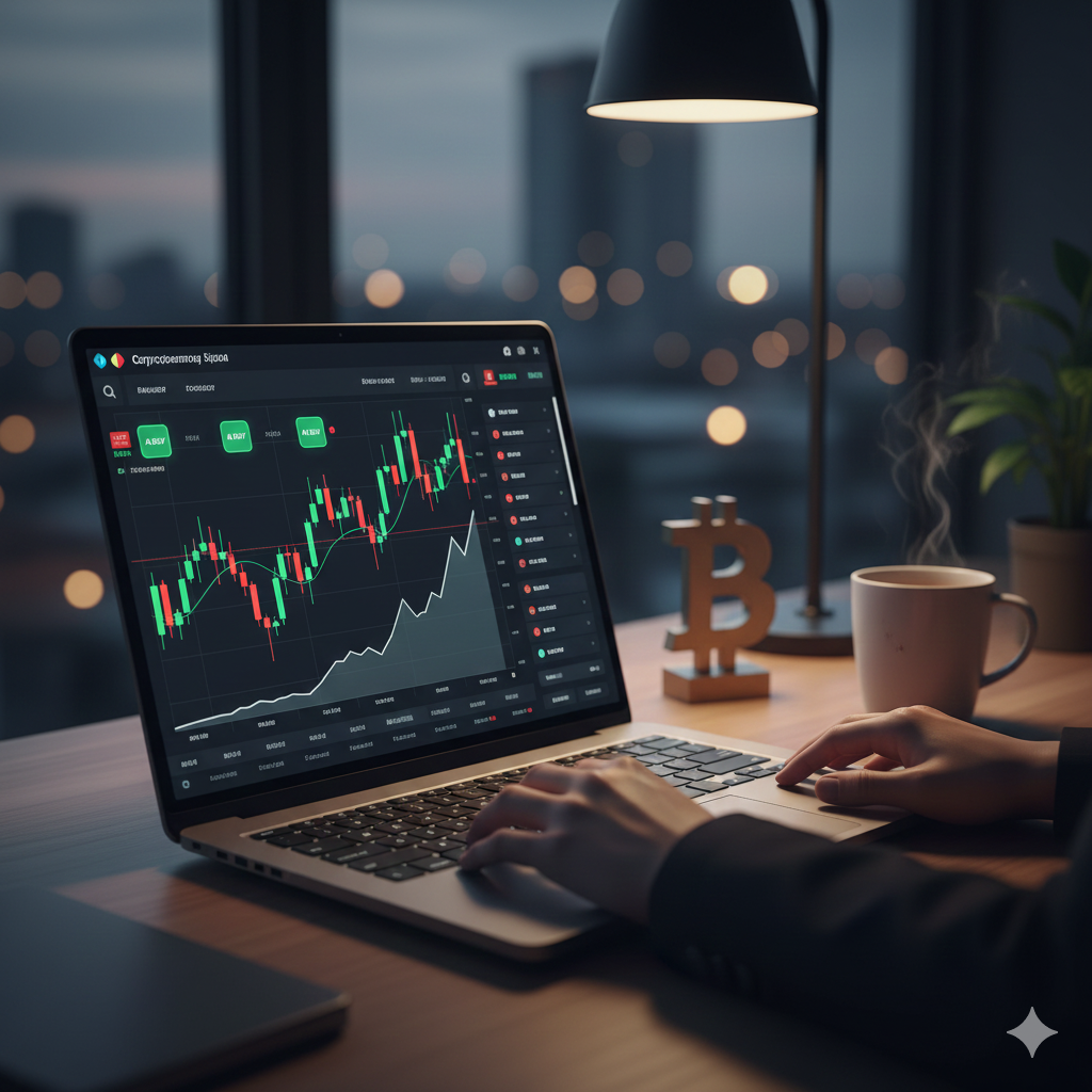 Beginner using an AI crypto trading bot on a laptop to automate Bitcoin trades