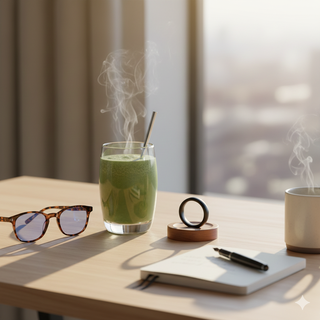 Biohacking tools for digital creators showing a smart ring and blue light glasses